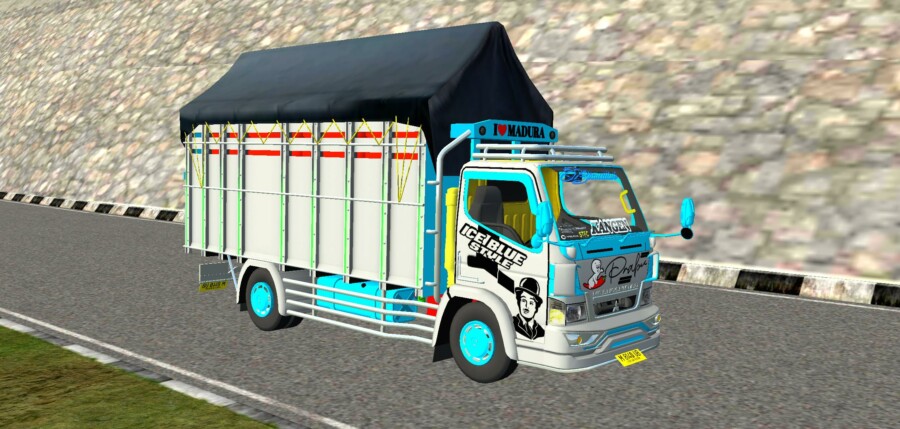 MOD BUSSID Canter Prabu Ice Blue Style Terpal Segitiga